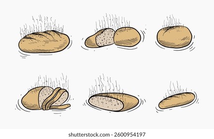 set of various types of freshly baked bread with steam rising, suggestive of warmth hand drawn illustration