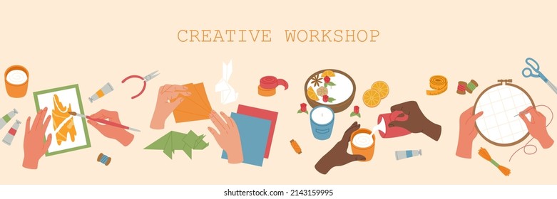 Set of various types handmade crafts. Painting, origami, candles making, embroidery. Creative workshop for children. Hand drawn vector illustration isolated on light background. Flat cartoon style.