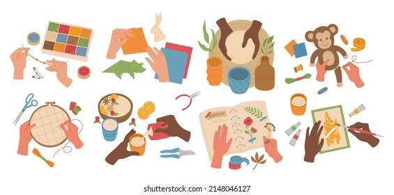 Set Of Various Types Handmade Crafts. Origami, Candle Making, Sewing, Embroidery, Drawing, Pottery. Colorful Vector Illustration Isolated On White Background. Hand Drawn In Modern Flat Cartoon Style.