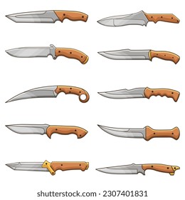 Set of various types of knives and daggers, doodle line art