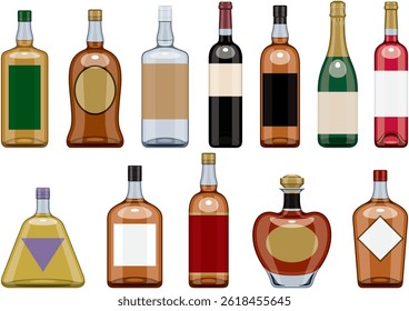A set of various types of liquor and wine bottles