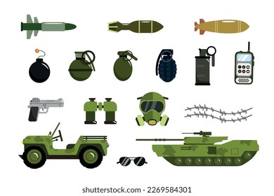 Conjunto de diversos tipos de armas y equipos militares en un estilo de dibujos animados. Ilustración vectorial de cohetes, bombas, granadas, pistola, máscara de gas, binoculares, vehículo militar, tanque, aislado en blanco.