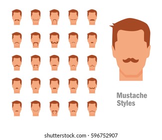 Set with various types of mustaches. Style. Big, small, flat, short, curly, pyramidal. Isolated art on white background. Vector. Cartoon. Flat. Man