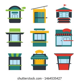 Set of various types of promotional or trade outdoor kiosks, stands, newsstands. Collection of vector icons of kiosk isolated on white background. 