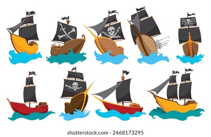 Set of various types stylized cartoon pirate ships illustration with black sails. Collection of pirate ships sailing on water. Galleons with image Jolly Roger. Cute vector icons