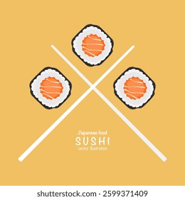 Set of various types of sushi vector. Delicious food. Popular Japanese food. Sushi roll. Maki sushi 3 pieces. Salmon filling. Simple and modern layout. For use as sushi illustration. Japanese food.
