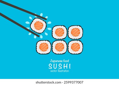 Set of various types of sushi vector, delicious food, popular Japanese food, sushi roll, 6 pieces of maki sushi, salmon filling, simple and modern style, for use as sushi illustration, Japanese food.

