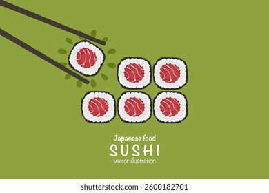Set of various types of sushi vector, delicious food, popular Japanese food, sushi roll, 6 pieces of maki sushi, tuna filling, simple and modern style, for use as sushi illustration, Japanese food

