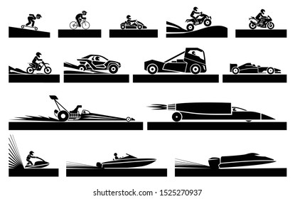Set of various types of transportation and racing vehicles and racing sports. Icons of Motorcycles and bicycles, cars, heavy trucks, fast machines and boats.