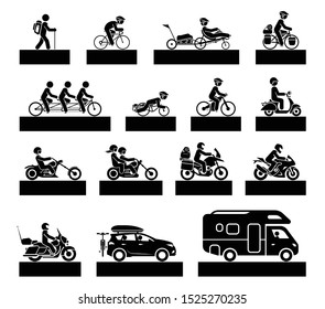 Set of various types of transportation vehicles. Icons of Motorcycles, bicycles, cars and camp vehicles. Travel icons.