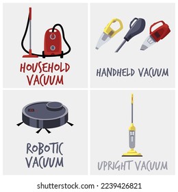 Set of various types of vacuum cleaners with names, flat vector illustration isolated on white background. Domestic household vacuum cleaners devices.