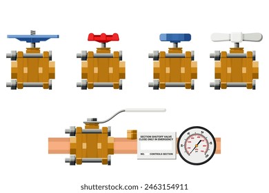 Ajuste varios tipos de válvulas y conexiones para tuberías de agua, aceite o gas con manómetros. Utilizado en la industria. Diseño plano