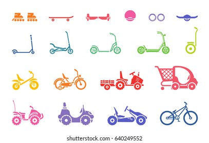 Set of various types children’s vehicles and means of transportation on wheels. Vector illustration of bicycle, tricycles, skate and other children’s vehicles. 