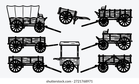 Satz von verschiedenen Arten von Holzwagen und Wagen mit Rädern für den Transport und Transport von Gütern