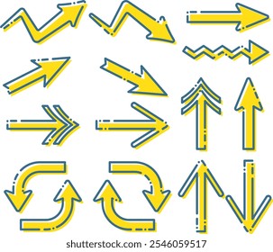 Conjunto de vários tipos de setas amarelas com linhas tracejadas azuis