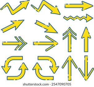 Conjunto de vários tipos de setas amarelas com linhas tracejadas azuis