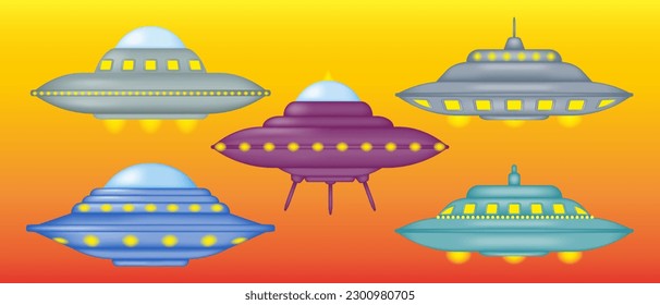 Set of various UFOs. Collection of alien spaceships in cartoon style. Flying saucer 3d. Vector illustration.