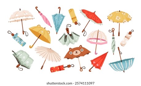 Set of various umbrellas in different positions. Portable umbrellas for travel and rainy weather adventures. Flat vector illustration.