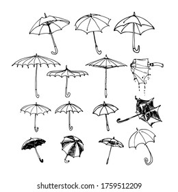 set of various umbrellas, sun & rain protection, elements of decorative ornament & pattern, vector illustration with black ink contour lines isolated on a white background in doodle & hand drawn style