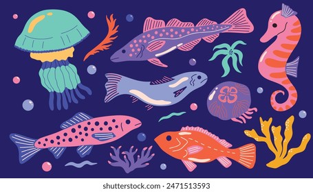 Conjunto de varios animales exóticos y plantas exóticos de dibujos animados de colores bajo el agua: peces, algas, jalea, algas, coral, medusas. Océano, mar, fauna acuática y flora con diferentes criaturas marinas, especies