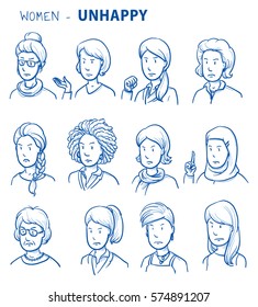 Set of various unhappy women in business and casual clothes, mixed age and ethnic groups expressing negative emotions. Hand drawn line art cartoon vector illustration.