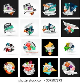 Set of various universal geometric layouts - backgrounds banner advertising layouts - templates, identity. Square, triangle, wave circle or swirl shape design
