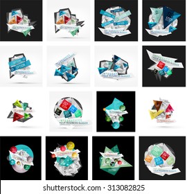 Set of various universal geometric layouts - backgrounds banner advertising layouts - templates, identity. Square, triangle, wave circle or swirl shape design