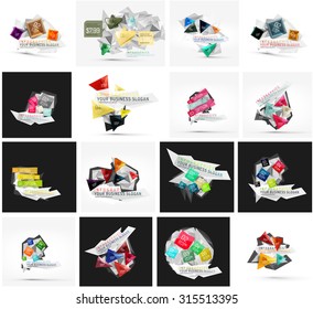 Set of various universal geometric layouts - backgrounds banner advertising layouts - templates, identity. Square, triangle, wave circle or swirl shape design