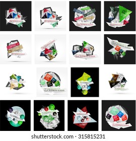 Conjunto de varios diseños geométricos universales - diseños de banner de fondo - plantillas, identidad. Diseño cuadrado, triángulo, círculo ondulado o forma giratoria