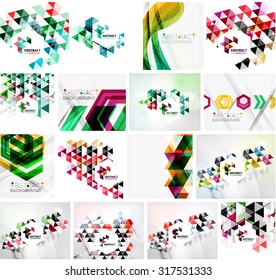 Set of various universal geometric layouts - backgrounds banner advertising layouts - templates, identity. Square, triangle, wave circle or swirl shape design