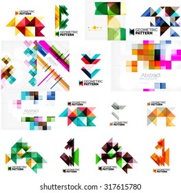 Set von verschiedenen universellen geometrischen Layouts - Hintergründe Bannerwerbung Layouts - Vorlagen, Identität. Quadrat, Dreieck, Wellenkreis oder wirbelnde Form