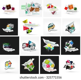 Conjunto de varios diseños geométricos universales - diseños de banner de fondo - plantillas, identidad. Diseño cuadrado, triángulo, círculo ondulado o forma giratoria