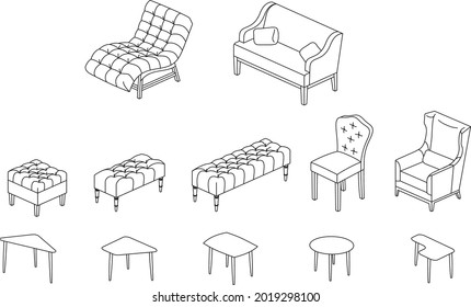 Set of various upholstered furniture in isometric 3d linear art