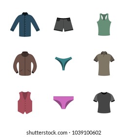 Set various upper and lower clothing in flat style, wardrobe design items, vector illustration.