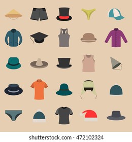 Set various upper and lower clothing and head wear, wardrobe design items, vector illustration.