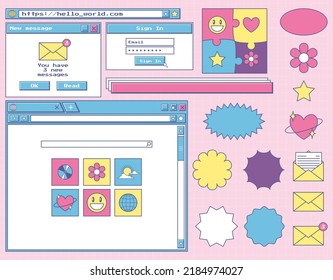 Set Of Various User Interface Elements And Stickers. Nostalgic Retro Y2k Old Computer Style. Web Browser Window, New Notification Message, Search Bar, Authorization Window. Vector Illustration