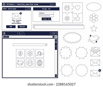 Set of various user interface elements and stickers. Nostalgic retro y2k old computer style. Web browser window, new notification message, search bar, authorization window. Vector illustration.