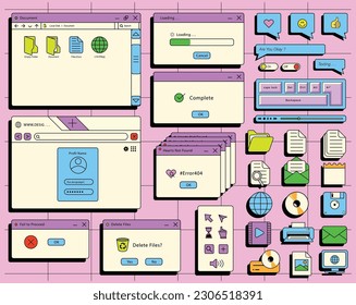 Conjunto de varios elementos de interfaz de usuario en estilo retro. Pestañas, iconos, ventanas. Viejo concepto de computadora de los 90. Ilustración vectorial de color dibujada a mano aislada en el fondo de la luz. Estilo moderno y plano.