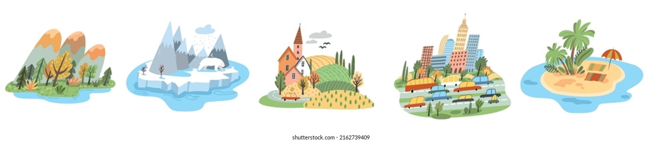 conjunto de varios lugares de vacaciones - polo norte con oso polar, campo, montañas y bosque, centro de la ciudad con embotellamiento de tráfico, isla desierta con playa de arena - ilustración de vector de mano plana