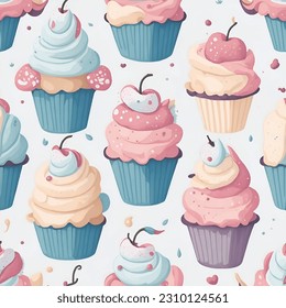 Set of various valentines cupcakes, muffins, vector illustration background