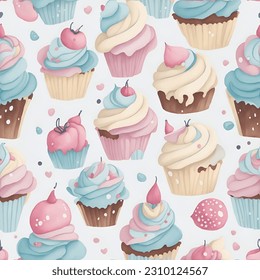 Conjunto de varios cupcakes de valentinas, muffins, fondo de ilustración vectorial