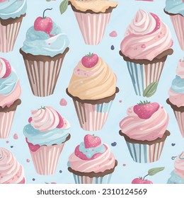 Set of various valentines cupcakes, muffins, vector illustration background