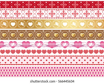 A set of various Valentine's Day border patterns. Each and every one of these patterns is designed so that you can connect them laterally and create seamless images.