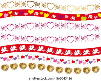A set of various Valentine's Day border patterns. Each and every one of the patterns is designed so that you can connect them laterally and create seamless patterns.