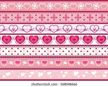 A set of various Valentine's Day border patterns. Each and every one of the patterns is designed so that you can connect them laterally and create seamless patterns.