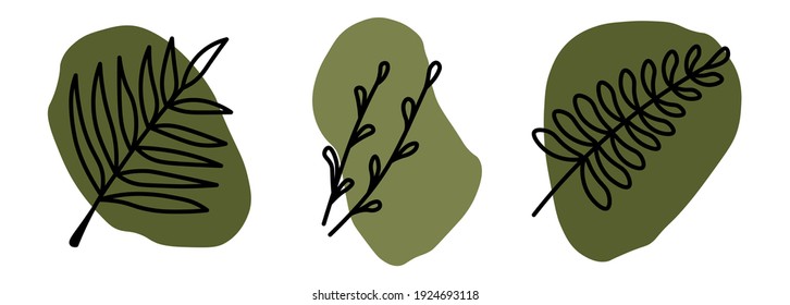 Set of various  vector abstract hand drawn green shapes and black line doodle plants. All elements are isolated on a white background