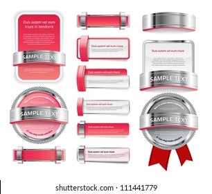 A set of various vector badges banners and buttons, of glass metal and plastic, in pink red tones
