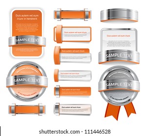 A set of various vector badges banners and buttons, of glass metal and plastic, in orange tones