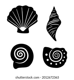 Set of various vector black seashells and starfish isolated on white. Collection of silhouettes of seashells.