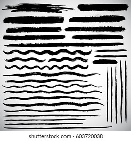 Set Of Various Vector Brush Strokes. Wide And Thin Lines Of Different Length, Waves, Stripes, Streaks, Bars, Text Background Or Underline With Rough Edges. Collection Of Hand Drawn Graphic Elements.